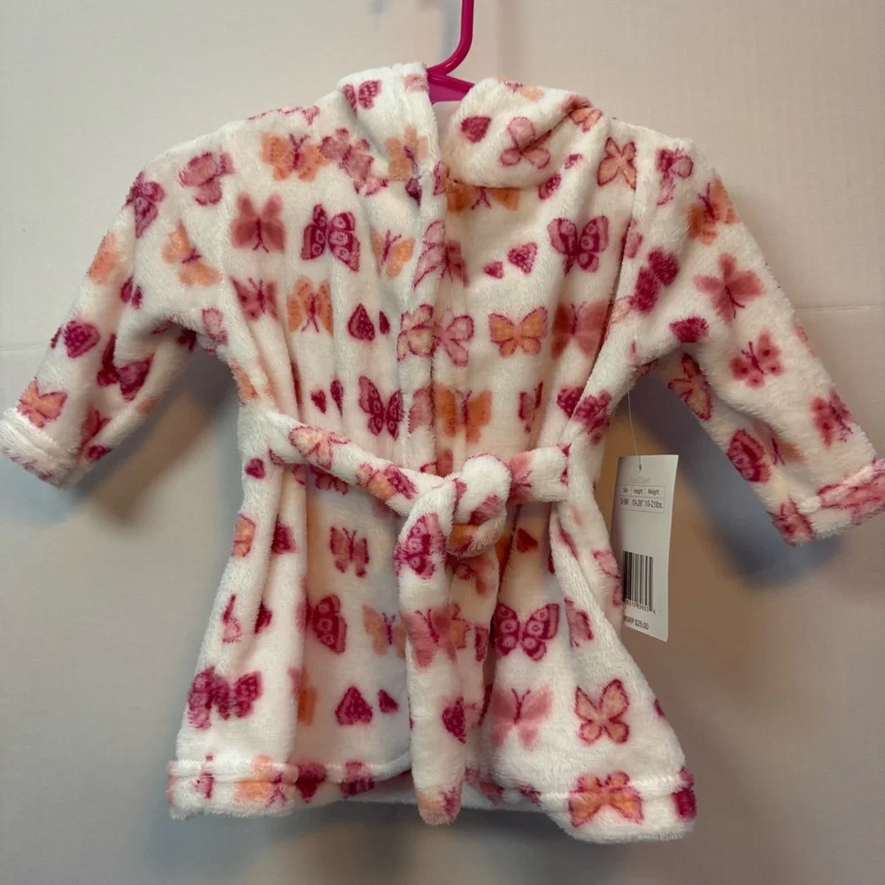 Duck Duck Goose Butterfly Pink White Plush Infant Robe 0-9M NWT